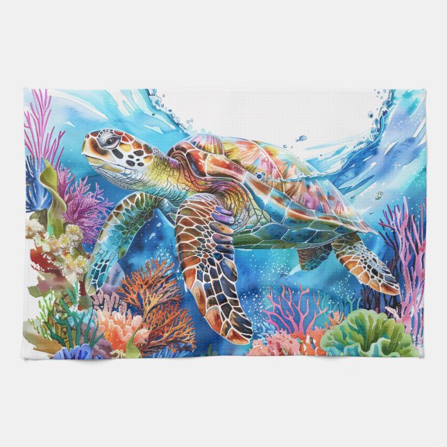 Linge De Cuisine Aquarelle Vibrante Tortue marine (Horizontal)