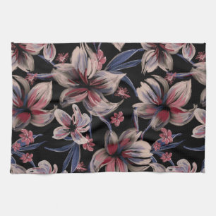 Linge De Cuisine Aquarelles Crimson Floral sur noir