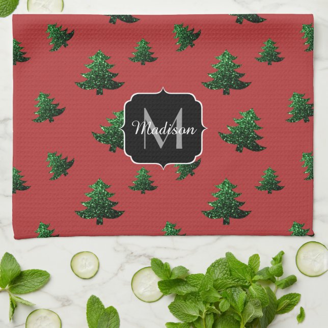 Linge De Cuisine Arbre de Noël étincelant vert étincelant Monogram  (Plié)