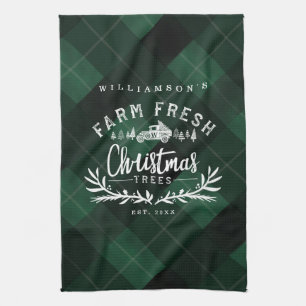 Linge De Cuisine Arbre de Noël Ferme Vintage Camion vert Plat