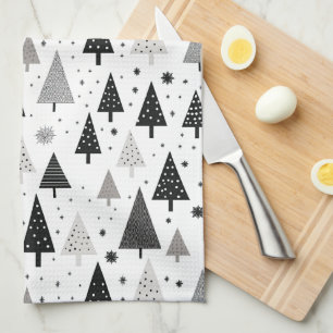Linge De Cuisine Arbre de Noël noir, blanc et gris Motif
