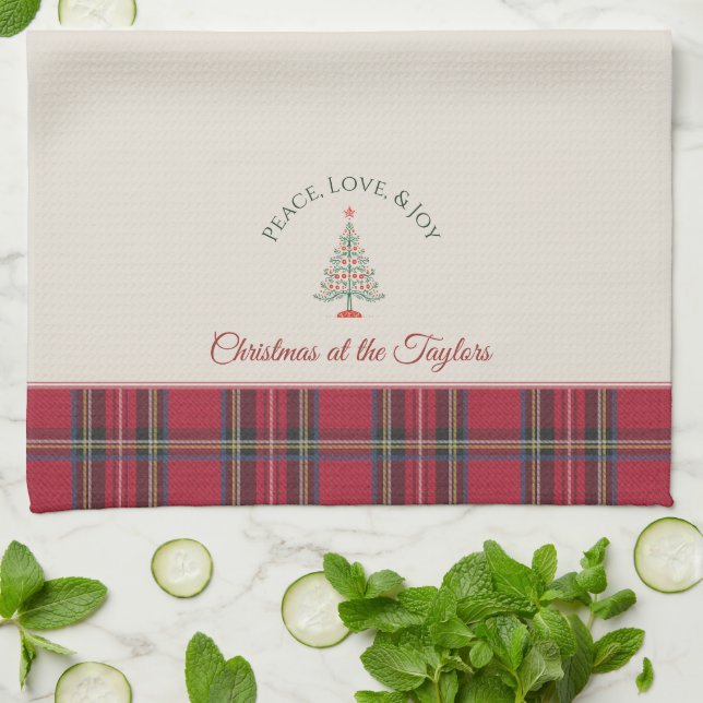 Linge De Cuisine Arbre de Noël Nom personnalisé Rouge Noël (Plié)