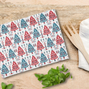 Linge De Cuisine Arbre de Noël scandinave rouge et bleu, art folklo