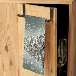Linge De Cuisine Arbre de Noël vert Ornements colorés Neige blanche