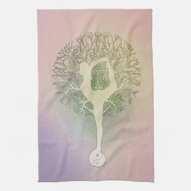 Linge De Cuisine Arbre de yoga de rose en pastel (Vertical)