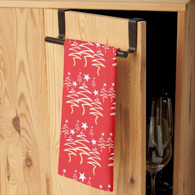 Linge De Cuisine Arbre gribouillé vacances + Étoile répétition roug (Pliage en tiers)