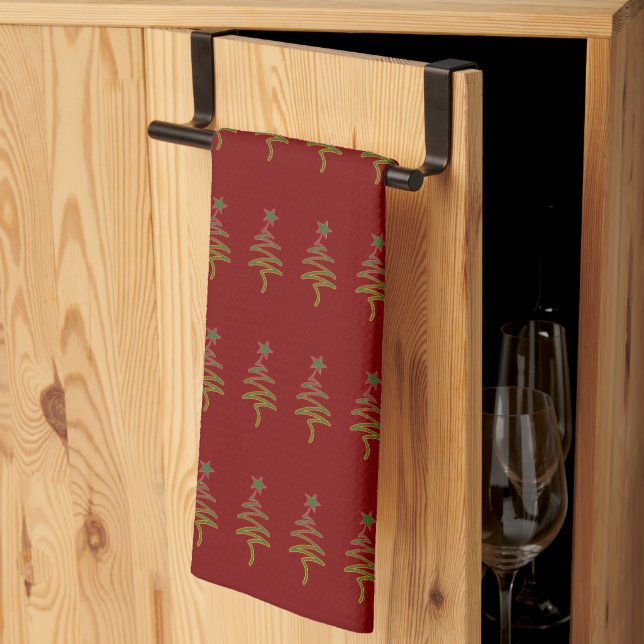 Linge De Cuisine Arbre gribouillé Vacances vertes + Étoile Rouge fo (Pliage en tiers)