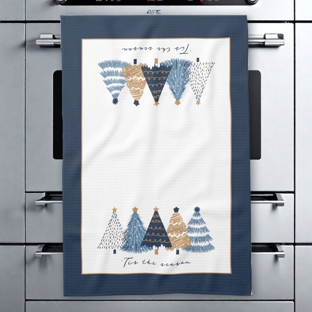 Linge De Cuisine Arbres Bleus Moderne Simple Noël Nom (Blue Trees Modern Simple Christmas Holiday Name Kitchen Towel)