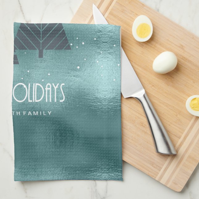 Linge De Cuisine Arbres de Noël et flocons de neige Turquoise ID863 (Quart Plié)