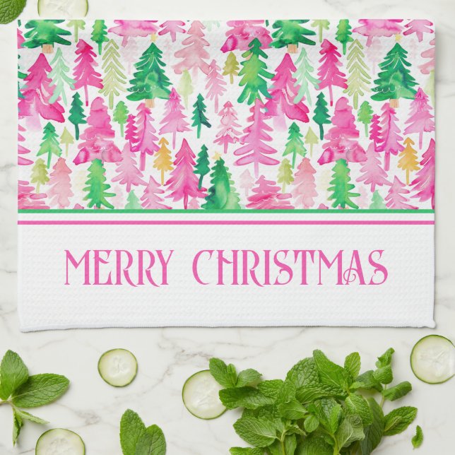 Linge De Cuisine Arbres de Noël rose et vert Preppy Personnalisés (Plié)