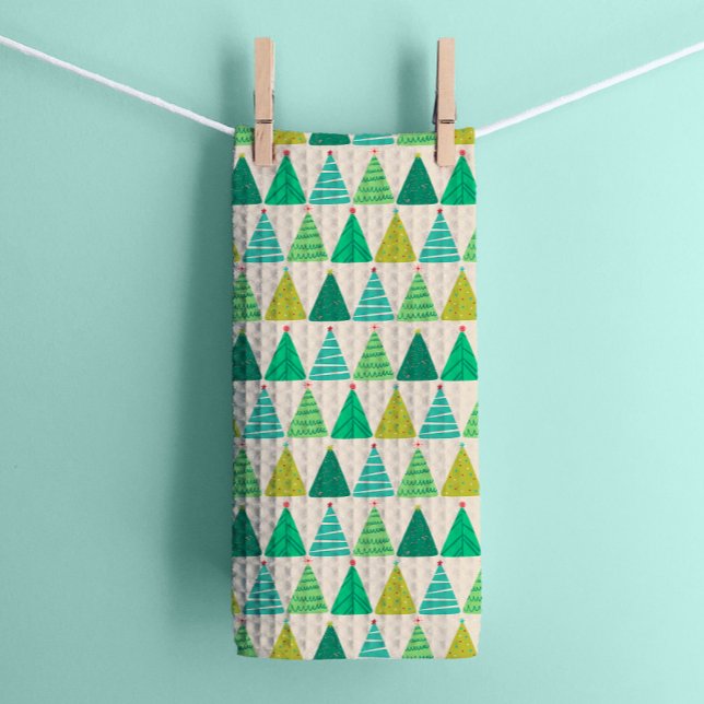 Linge De Cuisine Arbres de Noël vert rétro sur crème (Créateur téléchargé)