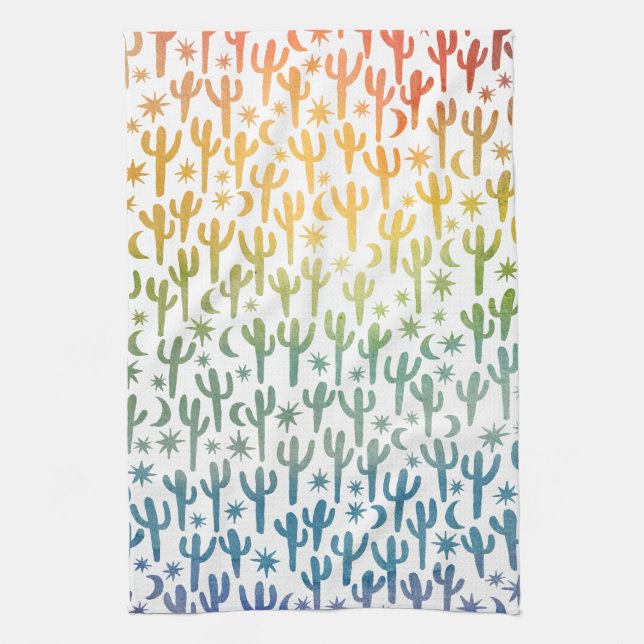 Linge De Cuisine Arc en ciel Saguaro Cactus Motif Aquarelle (Vertical)