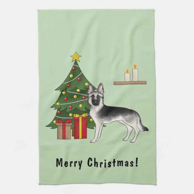 Linge De Cuisine Argent gris argenté allemand berger arbre de Noël  (Vertical)