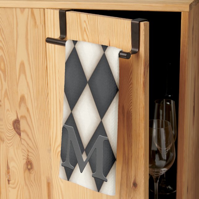 Linge De Cuisine Arlequin noir et blanc Dramatique 3-D Monogramme (Pliage en tiers)