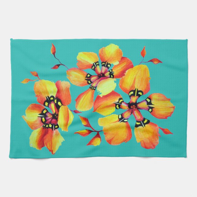 Linge De Cuisine Arlequin Sparaxis Tricolor Aquarelle Fleurs (Horizontal)