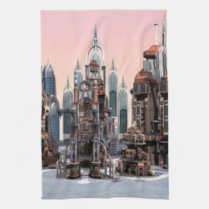 Linge De Cuisine Art de la skyline de ville futuriste pastel fantas