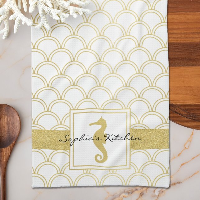 Linge De Cuisine Art Déco Ocean Wave Gold Seahorse Beach House (Créateur téléchargé)