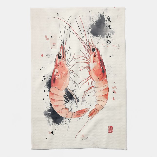 Linge De Cuisine Art japonais de crevette aquarelle avec calligraph (Vertical)