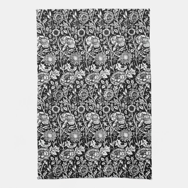 Linge De Cuisine Art nouveau Carnation Damask, noir et blanc (Vertical)