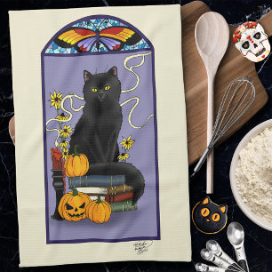Linge De Cuisine Art Nouveau Chat Noir Citrouille Violet Automne Ja