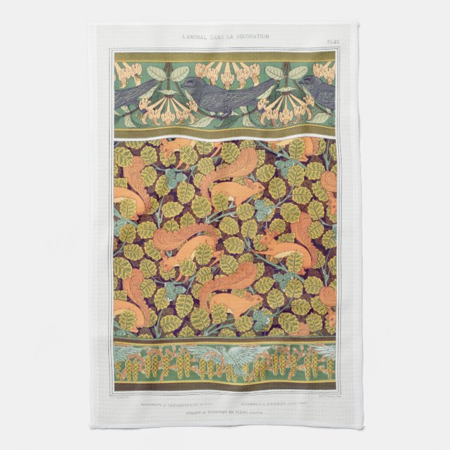Linge De Cuisine Art nouveau écureuil automne floral textile art (Vertical)