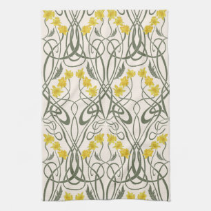 Linge De Cuisine Art Nouveau Jaunes Jonquilles et Tiges Crème