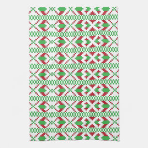 Linge De Cuisine Art populaire ethnique letton vert et rouge tribal
