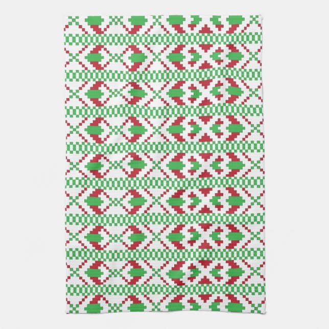 Linge De Cuisine Art populaire ethnique letton vert et rouge tribal (Vertical)