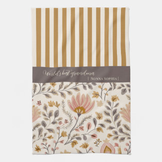 Linge De Cuisine Art populaire floral peint et rayure