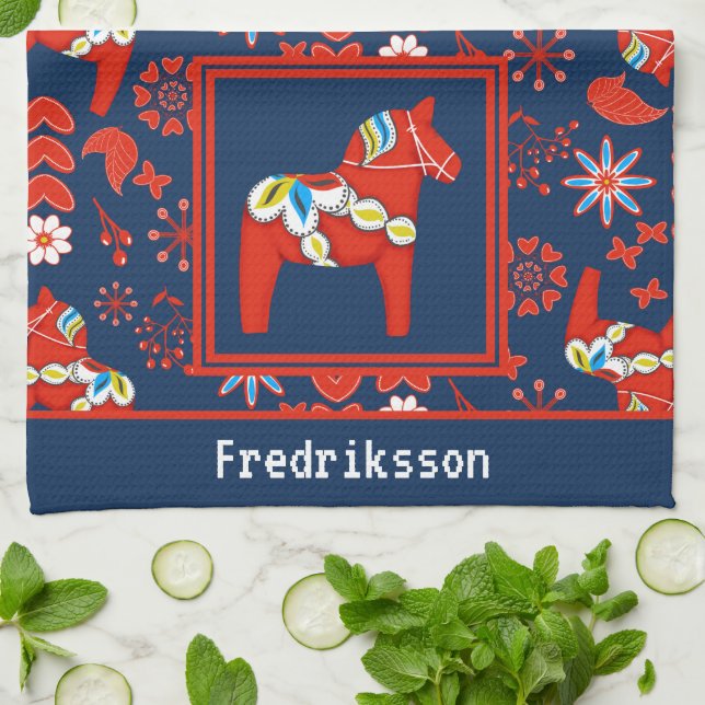 Linge De Cuisine Art populaire Rouge Floral Dala Horse (Plié)