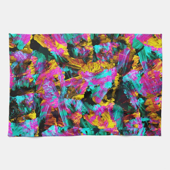 Linge De Cuisine Artsy Moderne Neon Couleurs Noir Abstrait Peinture (Horizontal)