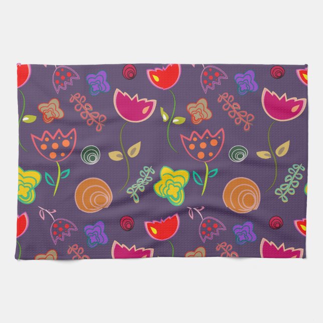 Linge De Cuisine Arty moderne fleurs violettes et roses (Horizontal)