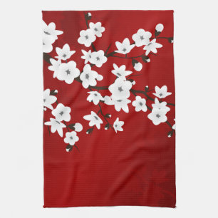 Linge De Cuisine Asie Floral blanc cerisier rouge