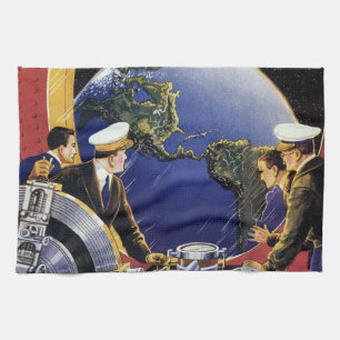 Linge De Cuisine Astronautes de la science-fiction vintage en orbit