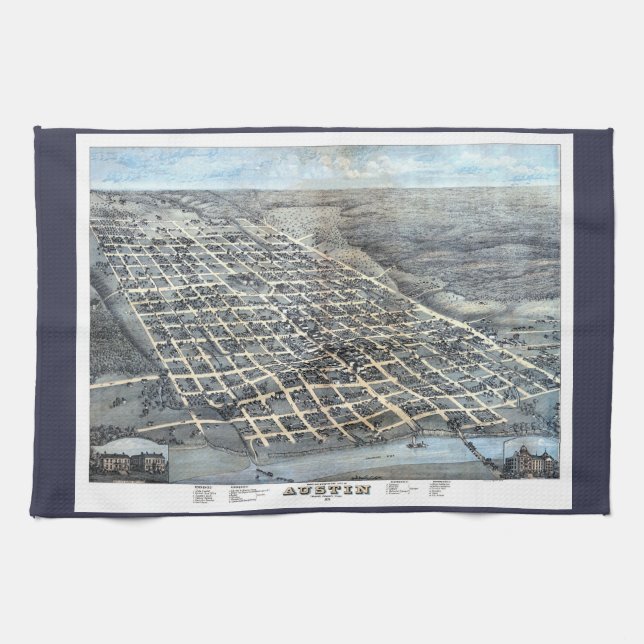 Linge De Cuisine Austin, Texas Antique Aerial City Carte de 1873 (Horizontal)