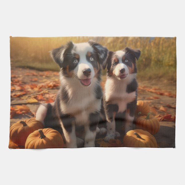 Linge De Cuisine Australian Shepherd Puppy Citrouille de plaisir d' (Horizontal)