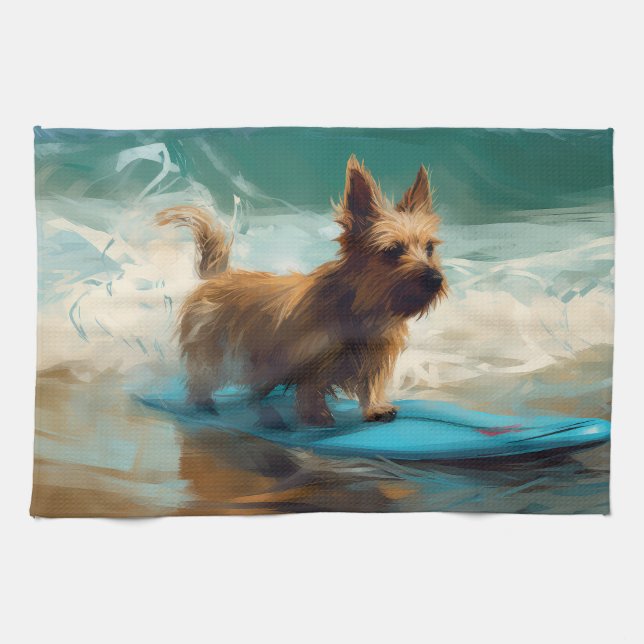 Linge De Cuisine Australian Terrier Beach Surfing Paining (Horizontal)