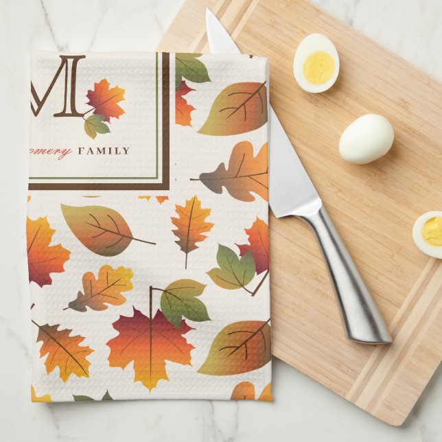 Linge De Cuisine Automne/Automne Feuilles Famille Monogramme Action (Quart Plié)