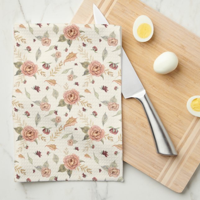 Linge De Cuisine Automne Feuilles BOHO Floral Bourgogne Peach (Quart Plié)