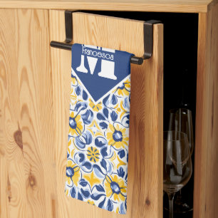 Linge De Cuisine Avec texte et 💛 initiale 💙 Bleu et jaune, floral