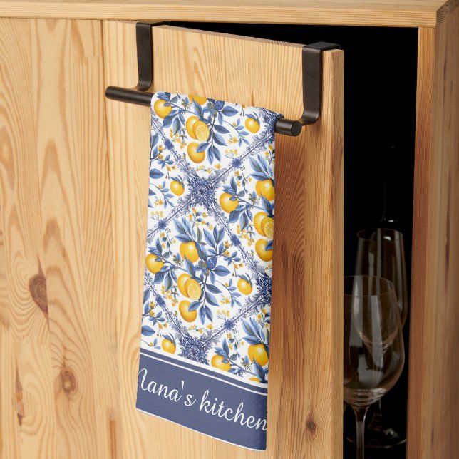 Linge De Cuisine Avec texte 🍋 Lemon Azulejo avec éléments bleus (Pliage en tiers)