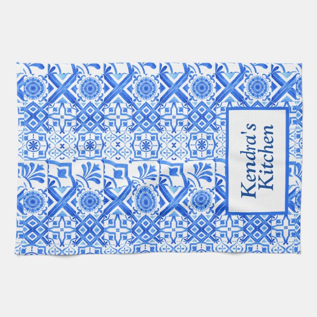 Linge De Cuisine Azulejo bleu et blanc Motif Azul espagnol (Horizontal)
