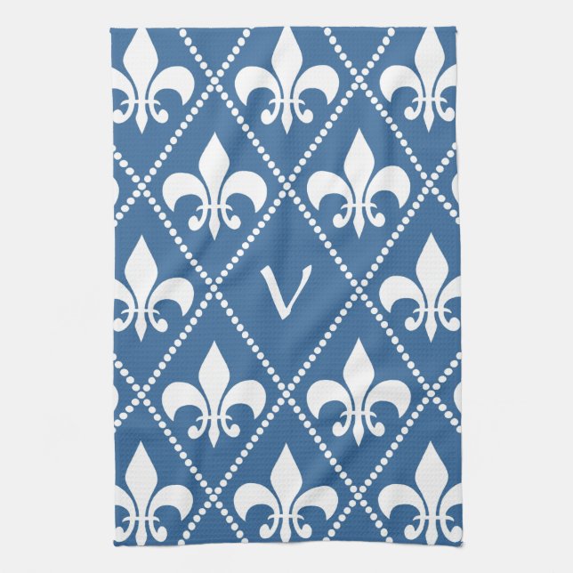 Linge De Cuisine Azure Fleur de Lis avec monogramme initial (Vertical)