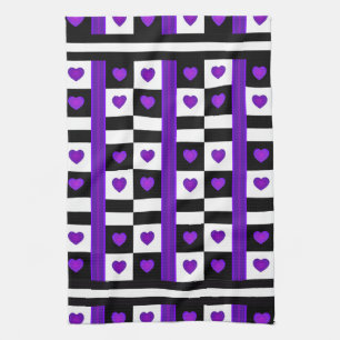 Linge De Cuisine B&W Purple Hearts Beating