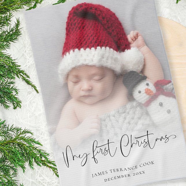 Linge De Cuisine Baby 1er Noël Photo Overlay Script Nom Année (Great keepsake gift idea for the new mom and dad!)