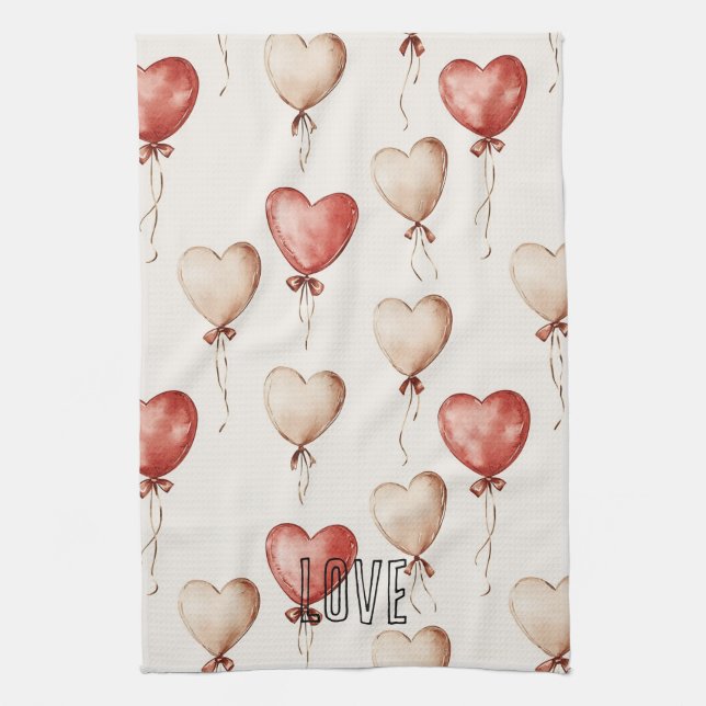 Linge De Cuisine Ballons Coeur Crème Rouge (Vertical)