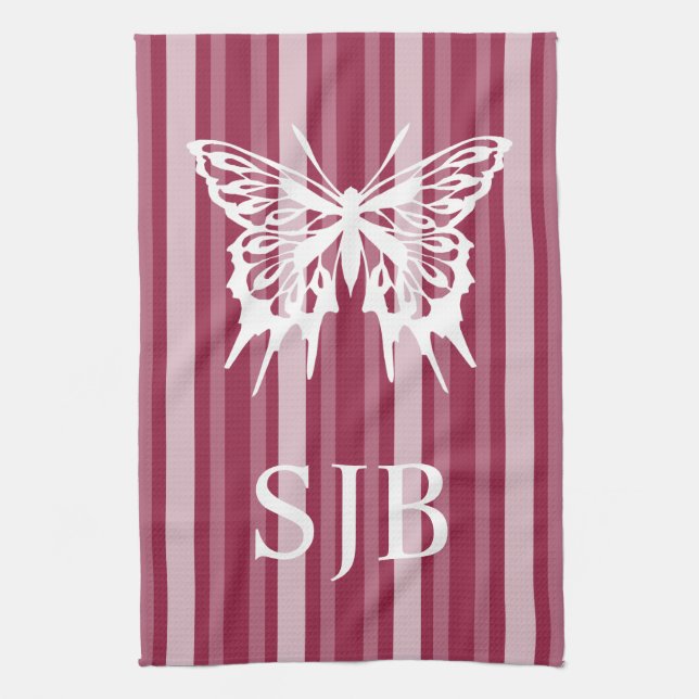 Linge De Cuisine Bande victorienne framboise avec monogramme papill (Vertical)