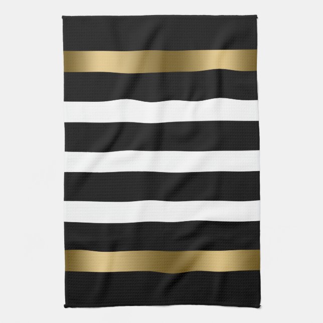 Linge De Cuisine Bandes blanches et noires Accents or motif (Vertical)