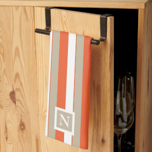 Linge De Cuisine Bandes blanches grises orange Monogramme    