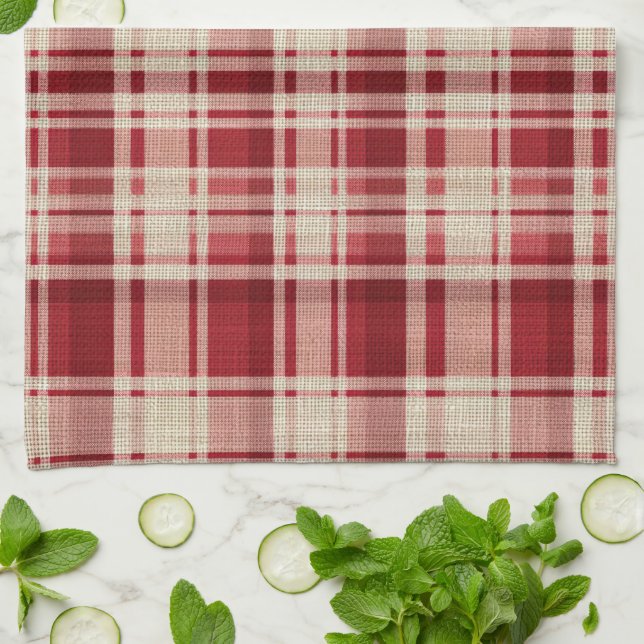Linge De Cuisine Bandes Plaid Crème Rouge (Plié)